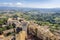 Aerial view of the medieval houses, central sqare and towers of San Gimignano, Italy, and the surrounding landscape