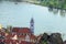 Aerial view of the medieval monastery Duernstein on the river Danube in the Wachau valley. Lower Austria