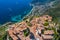 Aerial view of medieval village of Eze, on the Mediterranean coastline landscape and mountains, French Riviera coast, Cote d`Azur