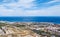 Aerial view on the Mediterranean sea, Benalmadena town and highway along the coast. Provence Malaga, Costa del Sol, Spain.