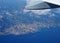 Aerial view Mediterranean Sea from plane, mountains Alps, French Riviera, Cote d`Azur, Nice, Villefranche-sur-mer, Monaco