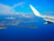 Aerial view Mediterranean Sea from plane, mountains Alps, French Riviera, Cote d`Azur, Nice, Villefranche-sur-mer, Monaco Monte