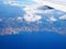 Aerial view Mediterranean Sea from plane, mountains Alps, French Riviera, Cote d`Azur, Nice, Villefranche-sur-mer, Monaco Monte