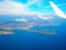 Aerial view Mediterranean Sea from plane, mountains Alps, French Riviera, Cote d`Azur, Nice, Villefranche-sur-mer, Monaco Monte