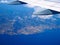 Aerial view Mediterranean Sea from plane, mountains Alps, French Riviera, Cote d`Azur, Nice, Villefranche-sur-mer, Monaco Monte