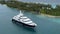 An aerial view of a Mega Yacht cruising into the harbor in Nassau, Bahamas