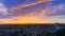 Aerial view of the Mehlsack tower in Ravensburg against a cloudy sky during the sunset