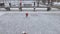 Aerial view. men playing hockey on a frozen lake in a city park. Winter family fun. Ice hockey.