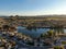 Aerial view of Menifee Lake and neighborhood, residential subdivision vila during sunset.