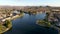 Aerial view of Menifee Lake and neighborhood, residential subdivision vila during sunset.