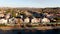 Aerial view of Menifee Lake and neighborhood, residential subdivision vila during sunset.