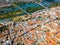 Aerial view of Merida with Roman Bridge and Lusitania Bridge