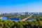 Aerial view of Metro bridge and the Dnieper river in Kiev, Ukraine. Kyiv cityscape