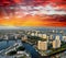 Aerial view of Miami Beach at sunset from helicopter. City skyline and water. Cloudy skies, a vacation dream