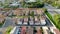 Aerial view of middle class suburban neighborhood with houses next to each other