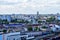 Aerial view of the Minsk-Sortirovochny railway station with freight rail wagons and urban areas located in the southwestern part