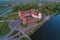 Aerial view of Mir Castle, evening aerial photography. Belarus