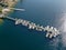 Aerial view of Miramar Lake small pier with pedal boat, small motor boat.