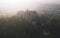 Aerial view of mist-clad Marburg town in Germany