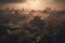 Aerial view, at misty dawn, of the ancient roofs of a Chinese city. Ai generated