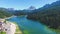 Aerial view of Misurina Lake on a clear summer day, Italian Dolomites