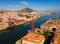 Aerial view of modern Vizcaya bridge crossing  river at Portugalete