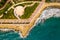 Aerial view of Molos Promenade park on coast of Limassol city centre in Cyprus.