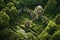 aerial view of monastery garden with lush greenery