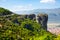 Aerial view of monastery at Meteora cliff and Kalambaka town, Greece