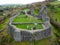 Aerial view Montgomery Castle in Powys, Wales.