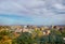 Aerial view of Montreal downtown with orange trees in autumn in Quebec Canada