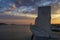 Aerial view of the Monument to the Discoveries Padrao dos Descobrimentos in the city of Lisbon, Portugal, at sunset;