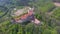 Aerial view of Moravian castle Pernstejn, standing on a hill above deep forests of the Bohemian-Moravian Highlands