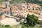 Aerial view of Morella, its walls & the bullring