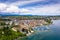 Aerial view of Morges castle in the border of the Leman Lake in  Switzerland