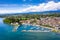 Aerial view of Morges castle in the border of the Leman Lake in  Switzerland