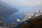 Aerial view of morning Kotor fjord, cruise ship. Montenegro