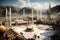 Aerial View of Mosque Amidst Desert Sands, the beautiful view of the city of Mecca and also the place of worship of the Kaaba, AI