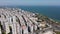 Aerial view of mosque with six minarets and panorama of seaside city. Mersin, Turkey