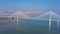 Aerial view of the most beautiful Portuguese bridge in Lisbon, Vasco da Gama. Morning foggy seascape. city view, with