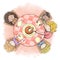 Aerial view of mother serving cake to a group of children â€“ watercolor painting background