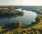 Aerial view of motor boat on river. Drone photography