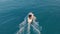 Aerial view. Motor boat sailing in blue sea. Luxury yacht racing deep water. Travel holiday on white yacht.