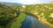 Aerial view of a motor boat speeding on Zrmanja river, Croatia