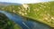 Aerial view of a motor boat speeding on Zrmanja river, Croatia