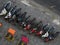 Aerial view of motorbikes parked in line