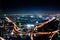 Aerial view of the motorway in central Bangkok at night, Thailand