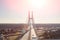 Aerial view of the motorway passing through the Redzinski Bridge in Wroclaw, Poland. Bridge with pylons