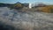 Aerial view of Mount Bromo volcano covered with thick mist at sunrise, Surabaya, Java, Indonesia