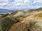 Aerial view of Mountain with California Golden Poppy and Goldfields blooming in Walker Canyon, Lake Elsinore, CA. USA.